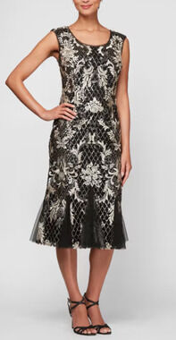 Alex Evenings black gold sequin embroidered godet hem midi dress Size 8 Cocktail
